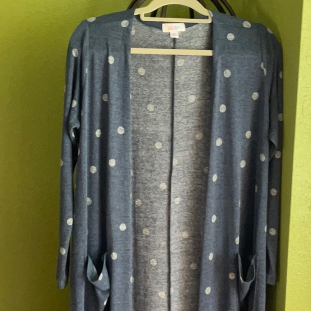 💖LuLaroe blue/white polka dot long sleeve duster robe, with 2 pockets - Picture 1 of 4